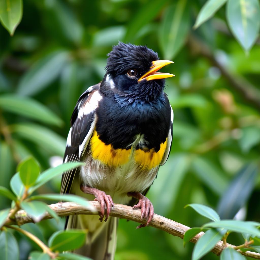 A mischievous Myna bird perched on a tree branch, with a gleam of playfulness in its eye