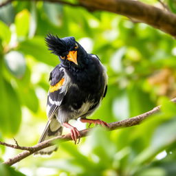 A mischievous Myna bird perched on a tree branch, with a gleam of playfulness in its eye