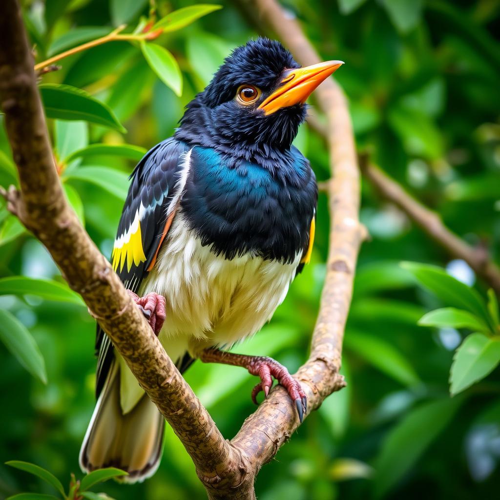 A mischievous Myna bird perched on a tree branch, with a gleam of playfulness in its eye