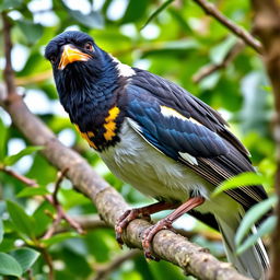 A mischievous Myna bird perched on a tree branch, with a gleam of playfulness in its eye