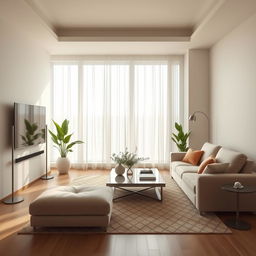 A serene and modern living room with plush furnishings, featuring a luxurious L-shaped couch, a sleek coffee table, and a large window allowing soft natural light to pour in