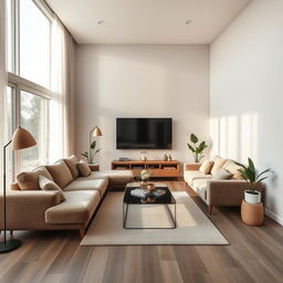 A serene and modern living room with plush furnishings, featuring a luxurious L-shaped couch, a sleek coffee table, and a large window allowing soft natural light to pour in