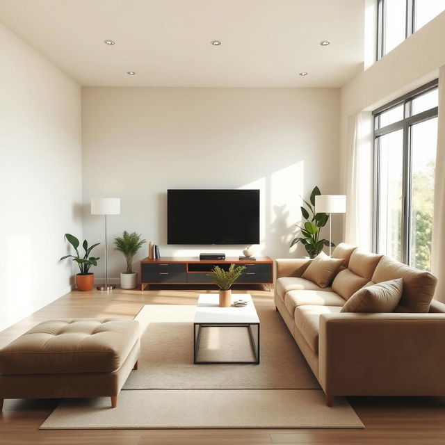 A serene and modern living room with plush furnishings, featuring a luxurious L-shaped couch, a sleek coffee table, and a large window allowing soft natural light to pour in