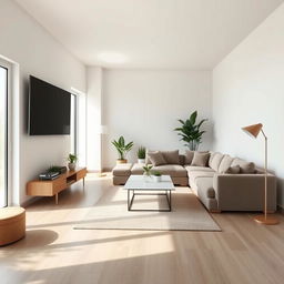 A serene and modern living room with plush furnishings, featuring a luxurious L-shaped couch, a sleek coffee table, and a large window allowing soft natural light to pour in