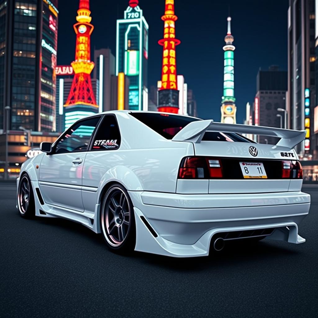 A customized 1994 Volkswagen Vento Mk3 sports car in white, set against the vibrant backdrop of Tokyo, Japan