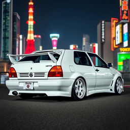 A customized 1994 Volkswagen Vento Mk3 sports car in white, set against the vibrant backdrop of Tokyo, Japan