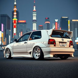 A customized 1994 Volkswagen Vento Mk3 sports car in white, set against the vibrant backdrop of Tokyo, Japan