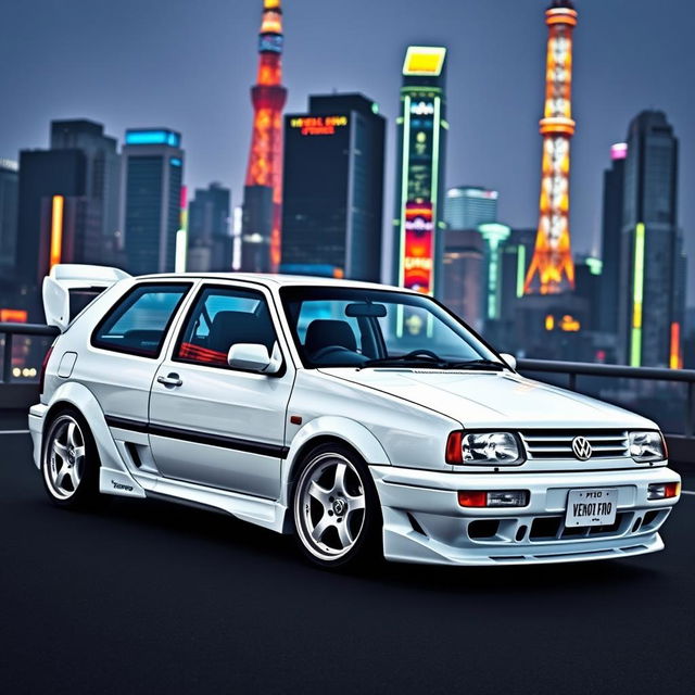 A customized 1994 Volkswagen Vento Mk3 sports car in white, set against the vibrant backdrop of Tokyo, Japan