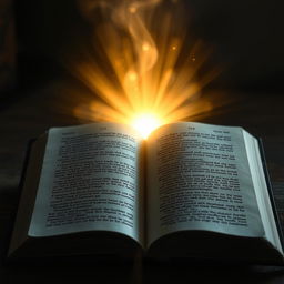 An open Bible with ethereal, heavenly light emanating from its pages, casting a warm and divine glow around it