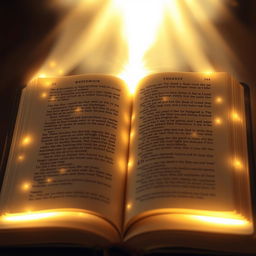 An open Bible with ethereal, heavenly light emanating from its pages, casting a warm and divine glow around it