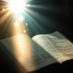 An open Bible with ethereal, heavenly light emanating from its pages, casting a warm and divine glow around it