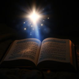 An open Bible with ethereal, heavenly light emanating from its pages, casting a warm and divine glow around it