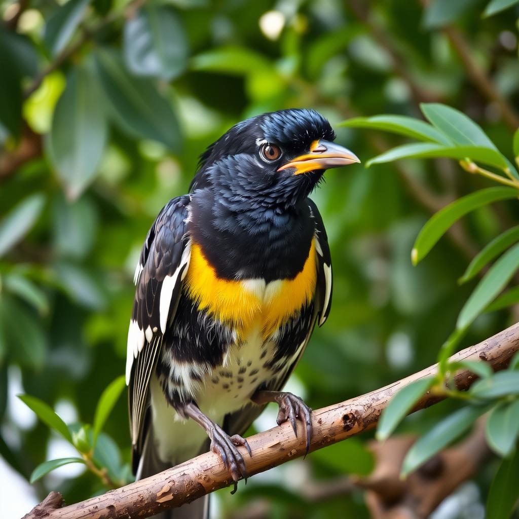A mischievous Myna bird perched on a tree branch, with a gleam of playfulness in its eye