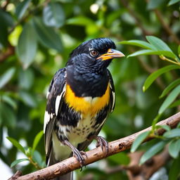 A mischievous Myna bird perched on a tree branch, with a gleam of playfulness in its eye