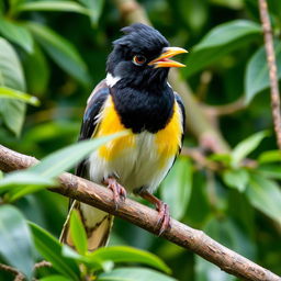 A mischievous Myna bird perched on a tree branch, with a gleam of playfulness in its eye