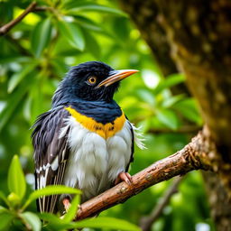 A mischievous Myna bird perched on a tree branch, with a gleam of playfulness in its eye