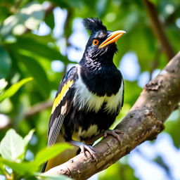 A mischievous Myna bird perched on a tree branch, with a gleam of playfulness in its eye