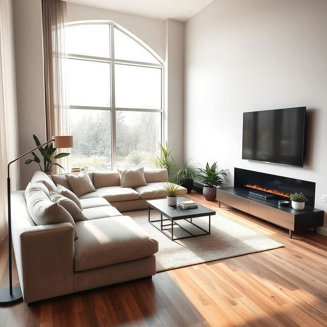 A serene and modern living room with plush furnishings, featuring a luxurious L-shaped couch, a sleek coffee table, and a large window allowing soft natural light to pour in