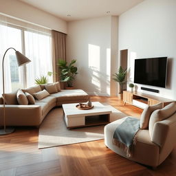 A serene and modern living room with plush furnishings, featuring a luxurious L-shaped couch, a sleek coffee table, and a large window allowing soft natural light to pour in