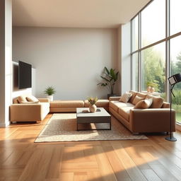 A serene and modern living room with plush furnishings, featuring a luxurious L-shaped couch, a sleek coffee table, and a large window allowing soft natural light to pour in