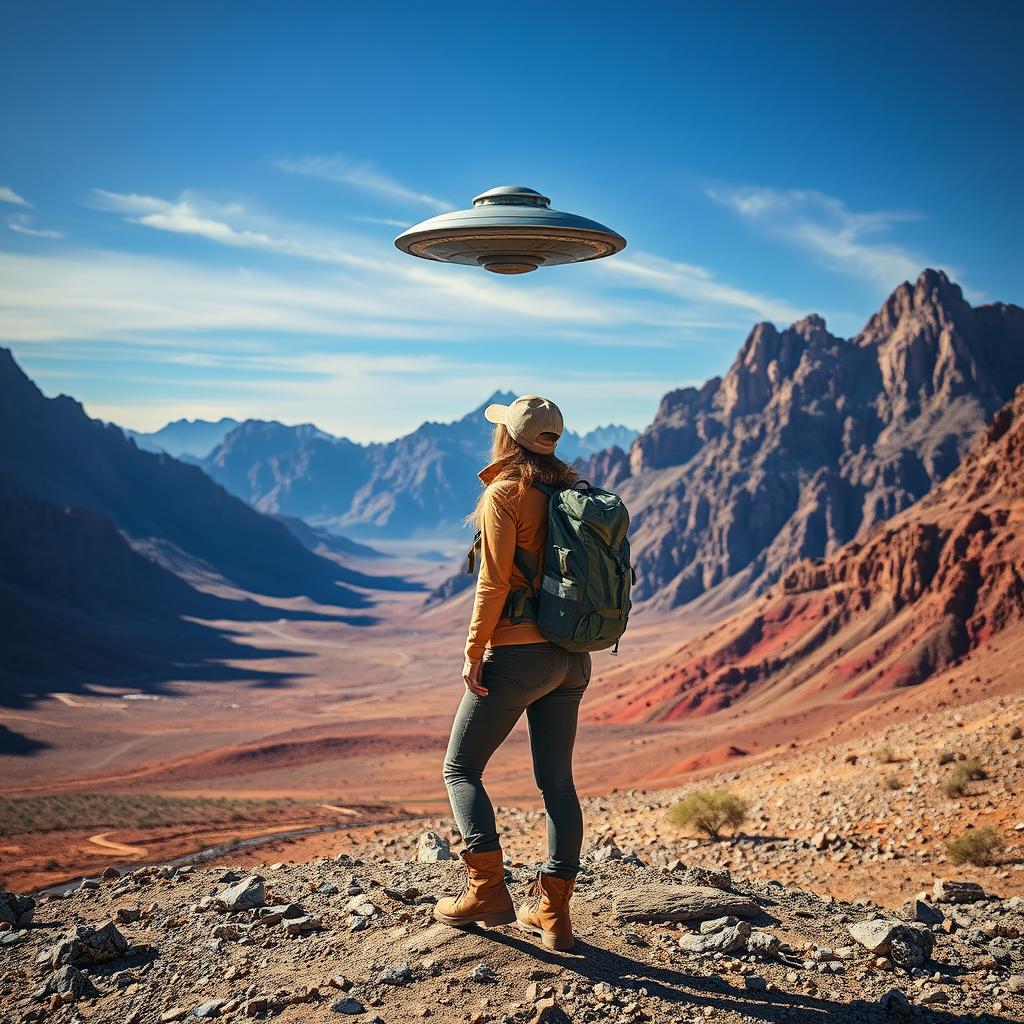 A woman in rugged hiking gear stands amidst a breathtaking mountainous desert, her eyes fixed on a mysterious UFO hovering in the vibrant sky