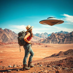 A woman in rugged hiking gear stands amidst a breathtaking mountainous desert, her eyes fixed on a mysterious UFO hovering in the vibrant sky