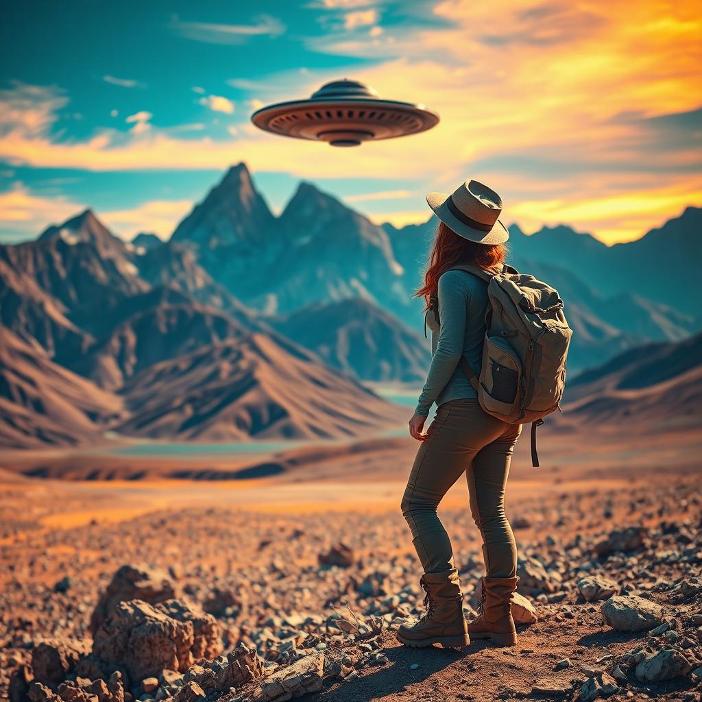 A woman in rugged hiking gear stands amidst a breathtaking mountainous desert, her eyes fixed on a mysterious UFO hovering in the vibrant sky