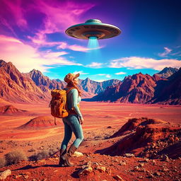 A woman in rugged hiking gear stands amidst a breathtaking mountainous desert, her eyes fixed on a mysterious UFO hovering in the vibrant sky