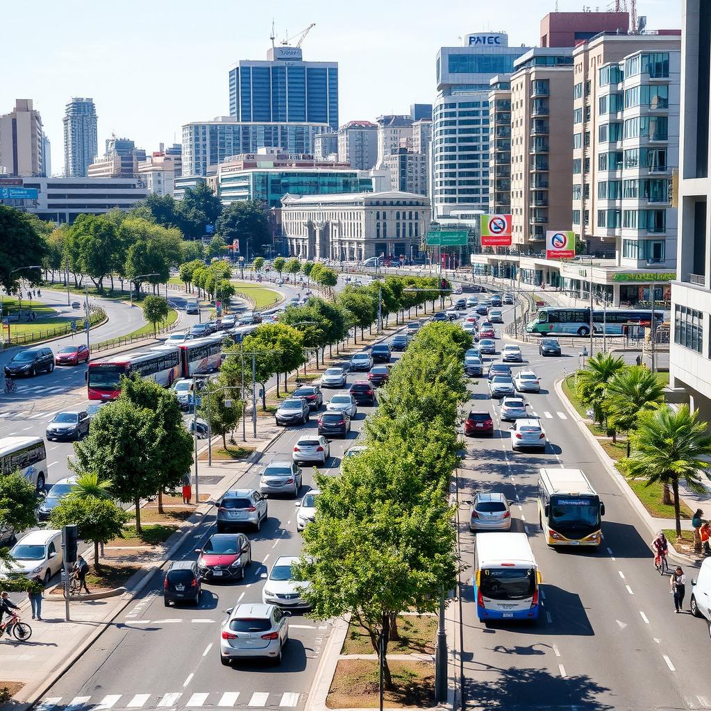 A bustling urban scene with orderly traffic, well-maintained roads, and modern infrastructure