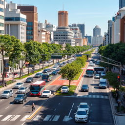 A bustling urban scene with orderly traffic, well-maintained roads, and modern infrastructure