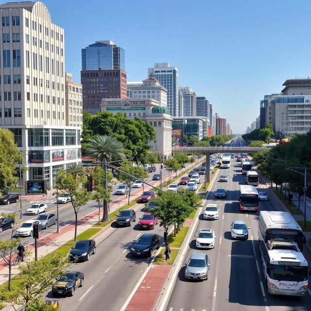 A bustling urban scene with orderly traffic, well-maintained roads, and modern infrastructure