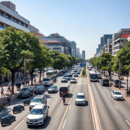 A bustling urban scene with orderly traffic, well-maintained roads, and modern infrastructure