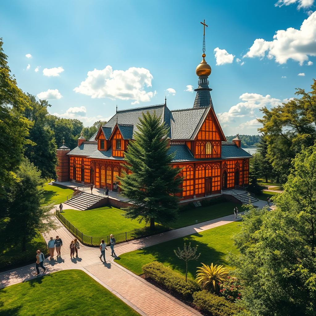 A stunning depiction of the Kaliningrad Amber Museum, showcasing its beautiful architecture surrounded by lush greenery