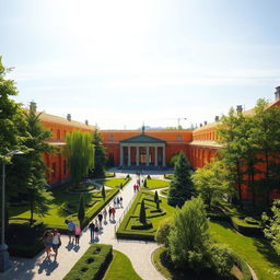 A stunning depiction of the Kaliningrad Amber Museum, showcasing its beautiful architecture surrounded by lush greenery