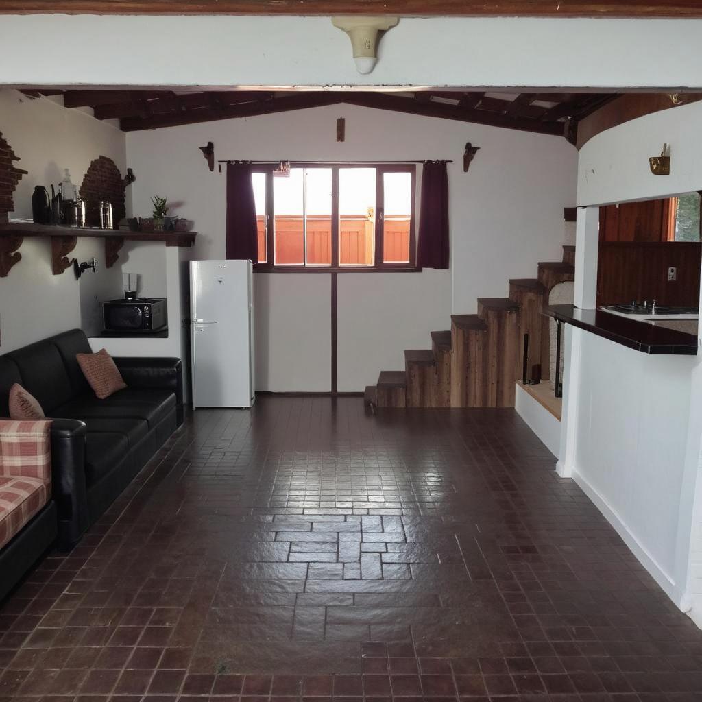 interior of a rustic living room with elegant wooden flooring instead of tiled, featuring a black couch, decorative brickwork on the walls, a small refrigerator, and a staircase with wooden steps