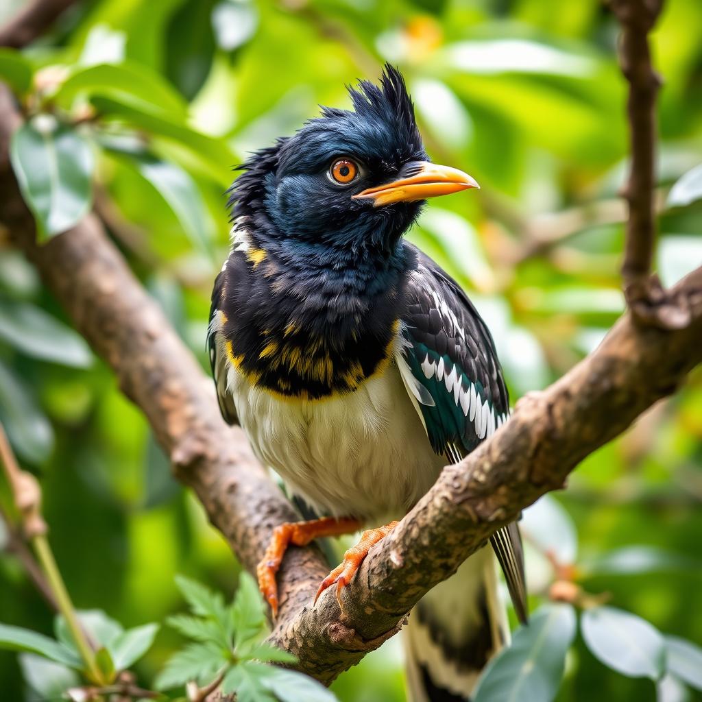 A mischievous Myna bird perched on a tree branch, with a gleam of playfulness in its eye