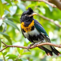 A mischievous Myna bird perched on a tree branch, with a gleam of playfulness in its eye