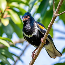 A mischievous Myna bird perched on a tree branch, with a gleam of playfulness in its eye