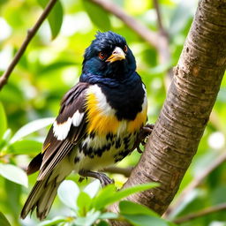 A mischievous Myna bird perched on a tree branch, with a gleam of playfulness in its eye