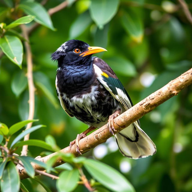 A mischievous Myna bird perched on a tree branch, with a gleam of playfulness in its eye