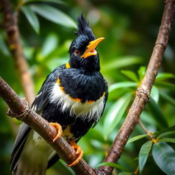 A mischievous Myna bird perched on a tree branch, with a gleam of playfulness in its eye