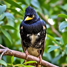 A mischievous Myna bird perched on a tree branch, with a gleam of playfulness in its eye