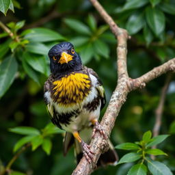 A mischievous Myna bird perched on a tree branch, with a gleam of playfulness in its eye