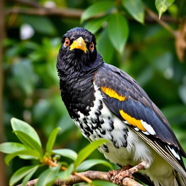 A mischievous Myna bird perched on a tree branch, with a gleam of playfulness in its eye