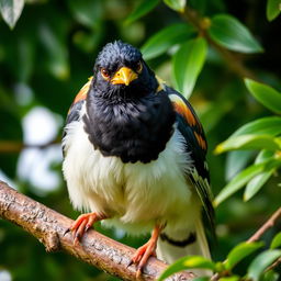 A mischievous Myna bird perched on a tree branch, with a gleam of playfulness in its eye