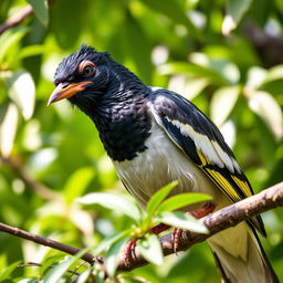 A mischievous Myna bird perched on a tree branch, with a gleam of playfulness in its eye