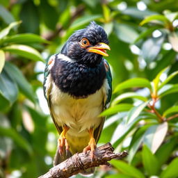 A mischievous Myna bird perched on a tree branch, with a gleam of playfulness in its eye