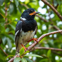 A mischievous Myna bird perched on a tree branch, embodying the essence of playful mischief