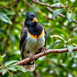 A mischievous Myna bird perched on a tree branch, embodying the essence of playful mischief