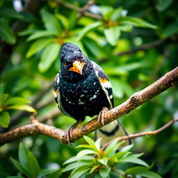 A mischievous Myna bird perched on a tree branch, embodying the essence of playful mischief